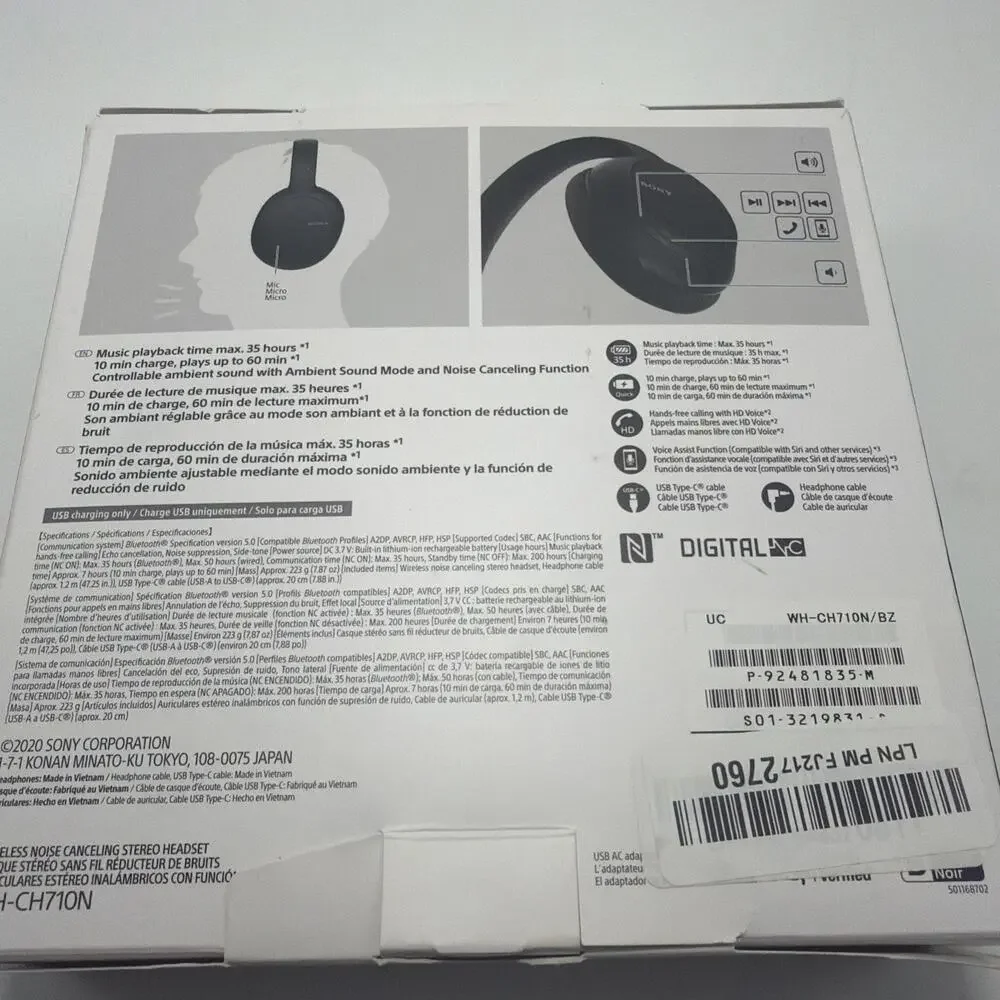 Sony WH-CH710N Wireless Noise Cancelling Bluetooth Headphones Black